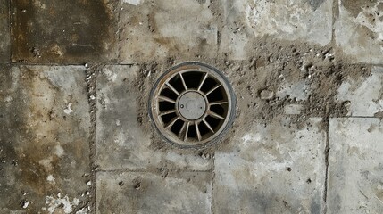A top-down shot of a newly installed bathroom drain, surrounded by fresh cement and unpolished tiles.