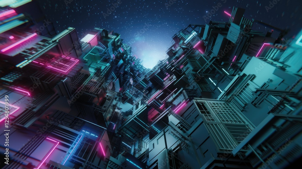 Poster a futuristic, neon-lit cityscape of complex interconnected structures extending into a starry night 