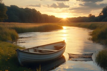 Fototapeta premium boat on the lake Rear view of travel woman rowing the boat at sunset