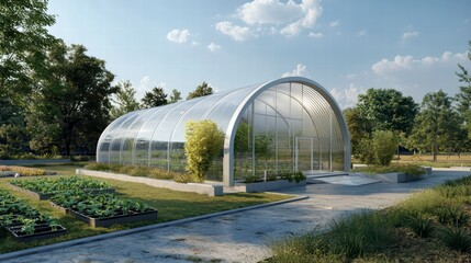 Modern Greenhouse in Garden: A sleek, arched greenhouse stands amidst a vibrant garden, showcasing sustainable and modern agricultural techniques.