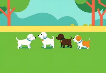 Naklejka premium Four cartoon puppies interacting in a colorful park setting