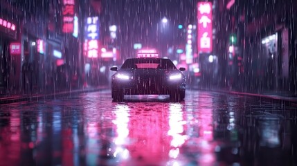 Obraz premium Night rain scene city street, vehicle in foreground, neon lights, wet asphalt reflections, vibrant colors, rain drops, modern urban landscape