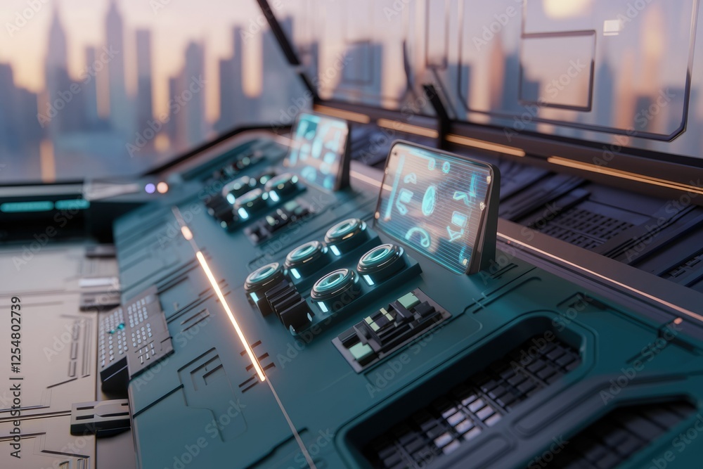 Poster futuristic control panel with glowing buttons and digital displays against a city backdrop.
