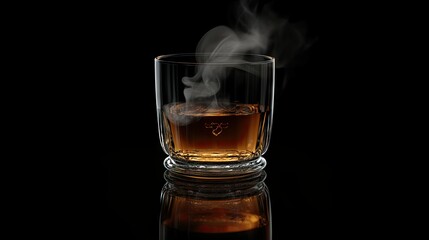 A warm glass of tea with steam curling up, placed on a glossy black background that adds depth and contrast to the scene.