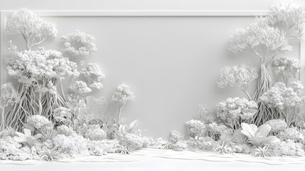 Fototapeta premium White botanical scene with intricate paper cut designs featuring various plants and a blank backdrop.