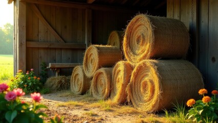 Golden Hay Bales Resting in Rustic Wooden Barn, Bathed in Warm Sunlight, Evoking a Sense of Rural Tranquility and Peaceful Harvest