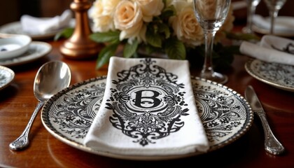Fototapeta premium Elegant dining table setting with ornate plates and a personalized napkin