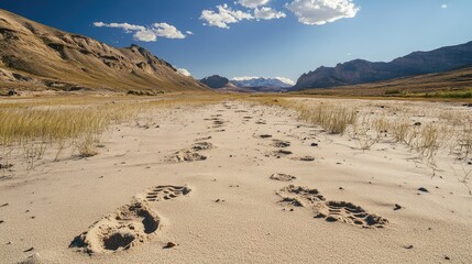 A wide shot of a sand-covered mountain trail with fresh animal footprints leading into the distance.