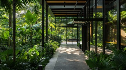 Tropical garden walkway to modern house entrance