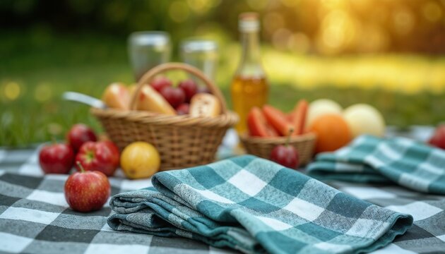 Fresh picnic setup with assorted fruits and beverages on a checkered blanket - Powered by Adobe