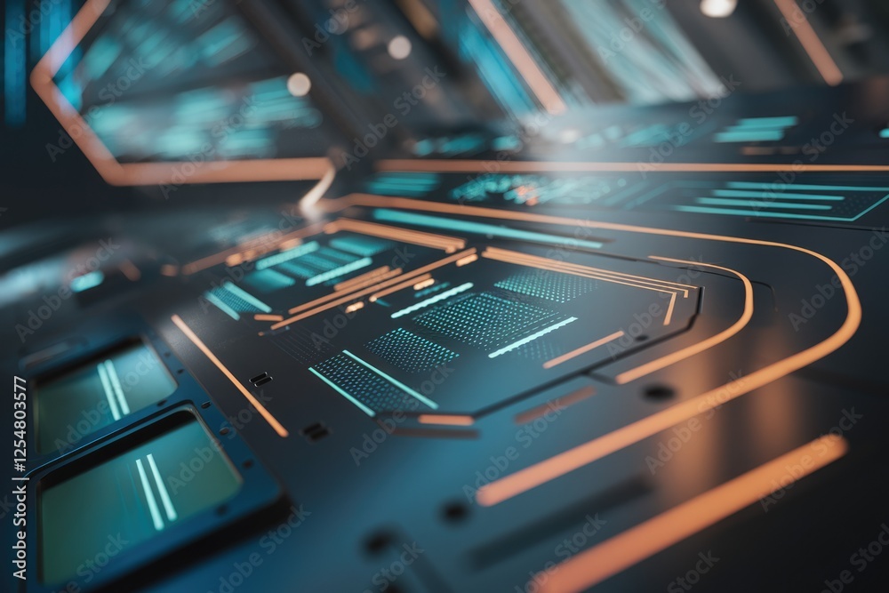 Poster Futuristic technology interface with glowing lines and data displays, showcasing advanced digital systems.
