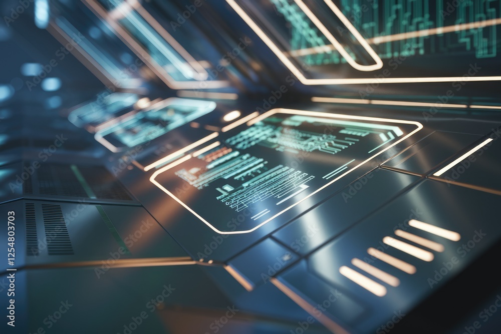 Leinwandbilder Futuristic digital interface with glowing screens displaying data streams and codes.