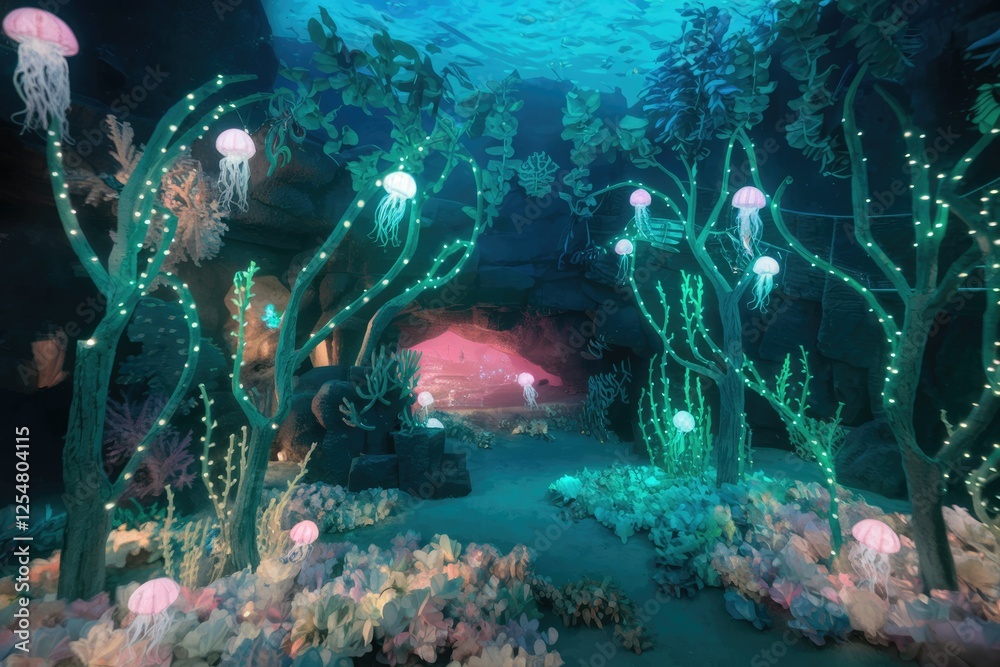 Poster an enchanting underwater scene with glowing jellyfish and illuminated coral, creating a magical, eth