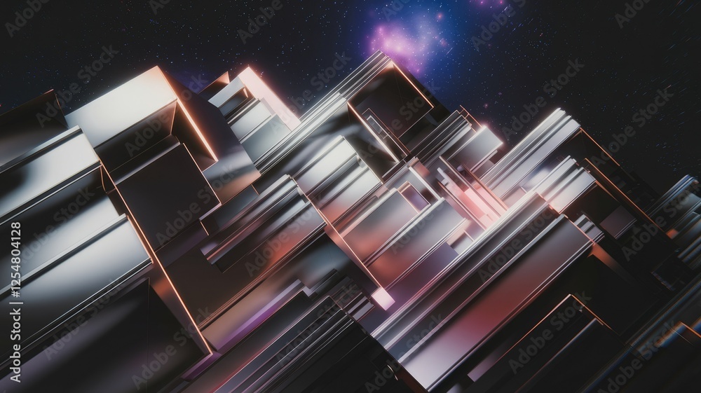 Poster abstract 3d rendering of metallic geometric shapes against a starry night sky.