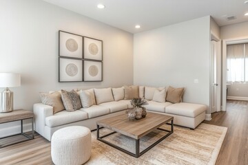 Fototapeta premium Modern living room with beige sectional sofa and area rug