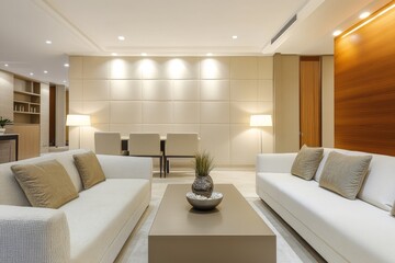 Fototapeta premium Modern living room with beige sofas and wooden accents