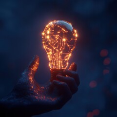 Hand holding glowing circuit bulb, dark background, innovation concept, website banner