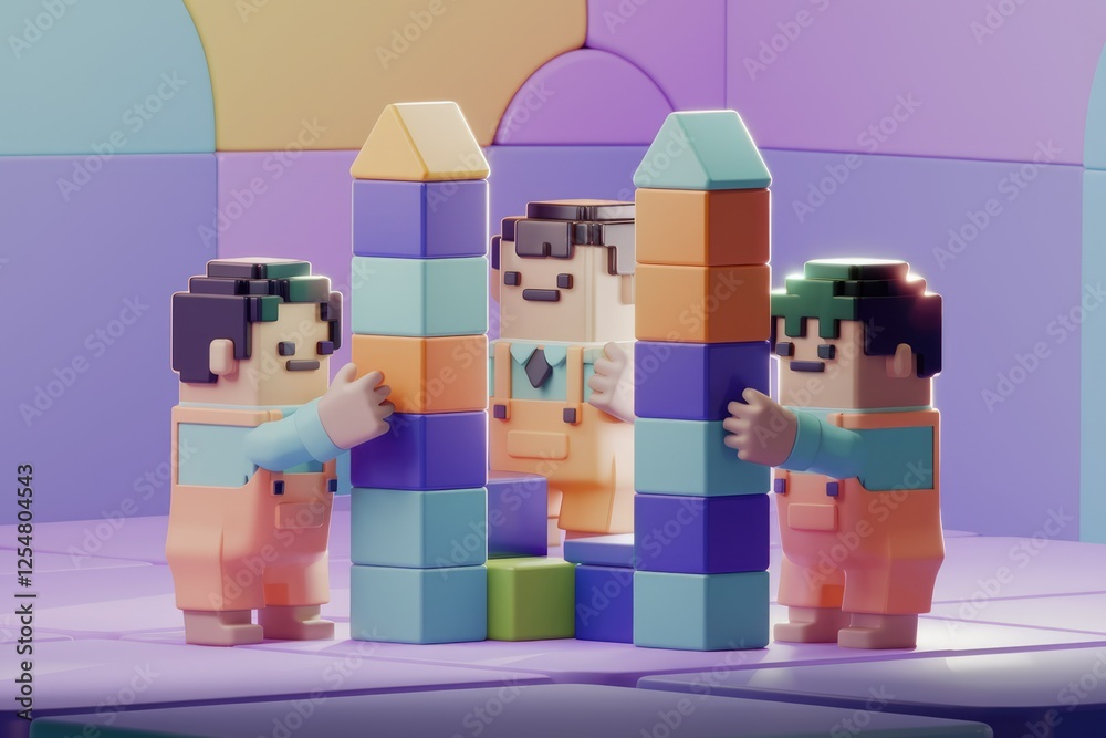 Poster three voxel characters collaboratively build colorful block towers in a vibrant, playful scene.
