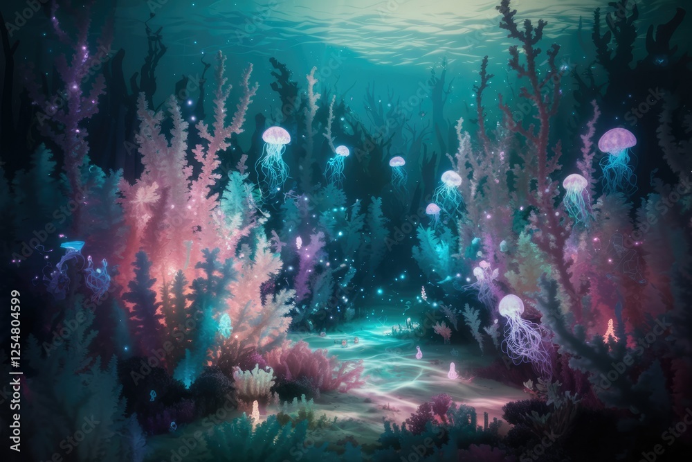 Poster enchanted underwater scene with glowing jellyfish and vibrant coral reefs, creating a magical, ether
