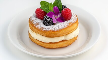 Small layered dessert with cream and berries, light airy cake layers, topped with fresh raspberries, blackberries, and purple flowers, sprinkled with