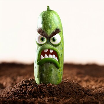 Angry cucumber standing on the ground and looking indignantly into the frame close-up on a white background