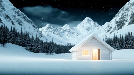 Fototapeta premium A cozy wooden cabin nestled in a snow covered valley at night, surrounded by towering snowy mountains. Warm light emanates from the cabin's windows