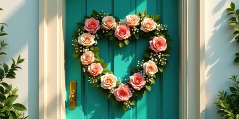 Obraz premium Heart-shaped rose wreath adorns a teal door, bathed in sunlight, creating a charming and romantic entrance