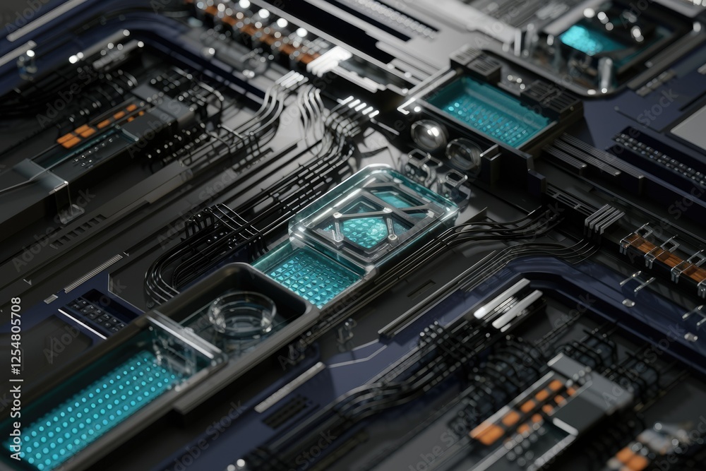 Poster Close-up of intricate futuristic circuitry with glowing blue components, showcasing advanced technology and complex design.