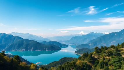  Aerial view of Lijiang's serene mountains with the blue skies reflecting off tranquil waters below, lush green trees