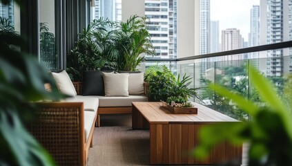 Fototapeta premium Urban Oasis: Serene Balcony Retreat with Lush Greenery and Modern Furniture