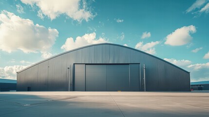 Obraz premium Modern Industrial Hangar: A sleek, modern hangar with a large, sliding door stands against a backdrop of blue sky and fluffy white clouds.