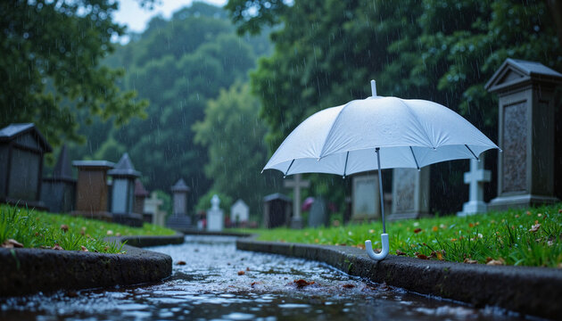 White umbrella in puddle at rainy cemetery, somber reflection