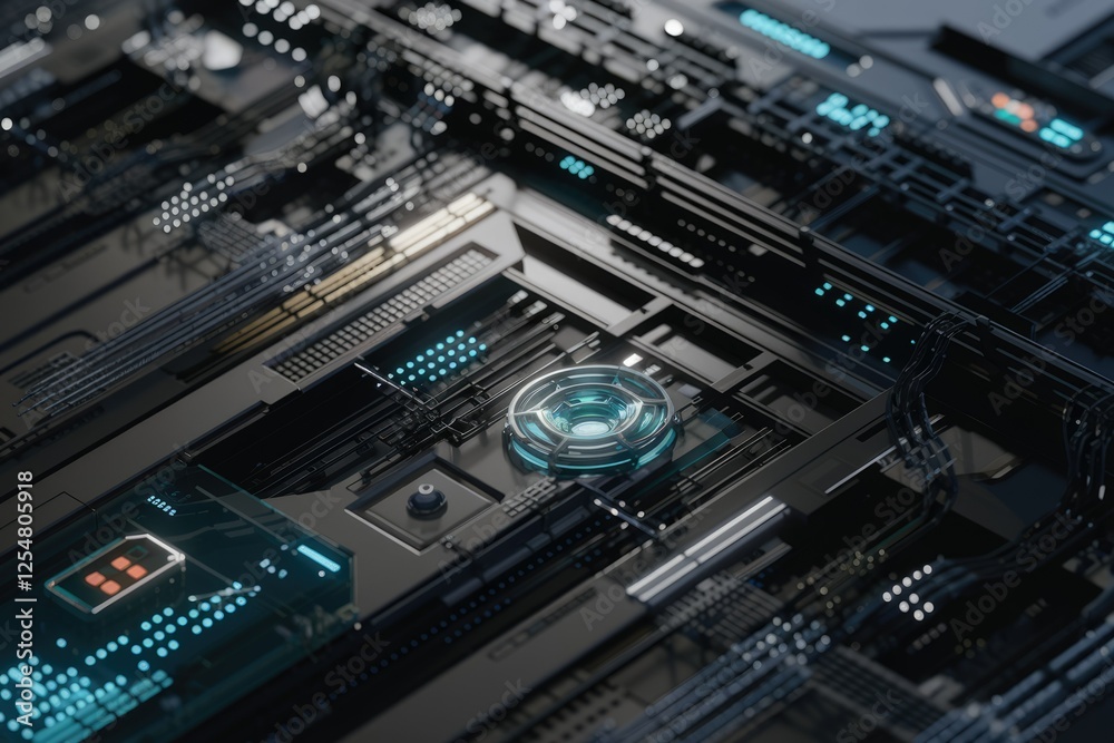 Poster Close-up of a futuristic, high-tech circuit board with glowing components, showcasing intricate design and advanced technology.