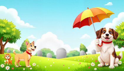 Fototapeta premium Playful dogs with colorful umbrella in vibrant cemetery, joyful energy
