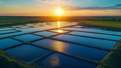 Aerial view of a fish farm with lakes and aquaculture ponds for shrimp farming in a natural landscape at sunset
