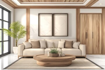 Minimalist living room with beige sofa, wooden coffee table, and natural elements.