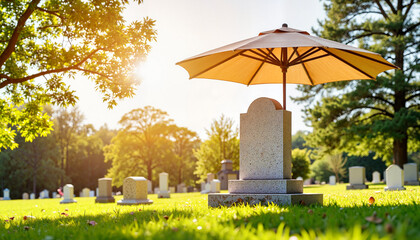 Umbrella providing shade on memorial stone in peaceful cemetery, tribute