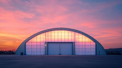 Obraz premium Arch Hangar at Sunset: A modern arch-shaped hangar stands silhouetted against a vibrant sunset sky, its translucent panels glowing with the warm light. The large hangar doors are closed.
