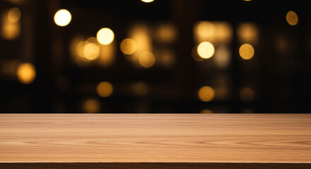Elegant wooden texture with blurred golden lights in the background, creating a warm and inviting atmosphere