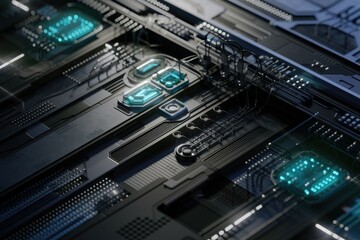 Fototapeta premium Futuristic technology, intricate circuitry, glowing blue components, and complex design.