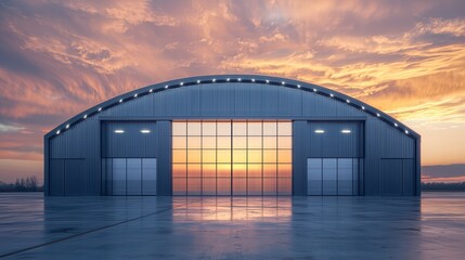 Obraz premium Hangar at Sunset: A large, industrial hangar with an arched roof and expansive glass doors stands against a breathtaking sunset sky.