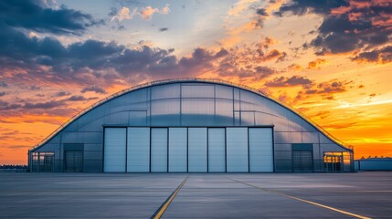 Fototapeta premium Hangar at Sunset: A modern, expansive hangar with large hangar doors stands majestically against a vibrant sunset sky, creating a dramatic and captivating scene. 