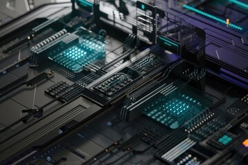 Fototapeta premium Abstract rendering of a futuristic technological circuit board with glowing blue components.