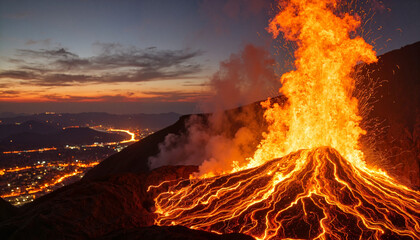 Erupting volcano with flowing lava at sunset, destructive power