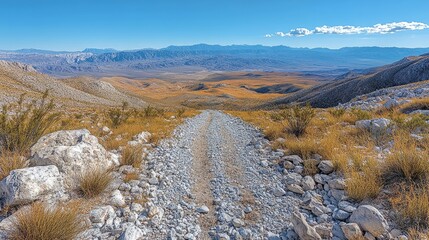 Scenic view of a rocky trail leading down a valley surrounded by mountains under a clear blue sky