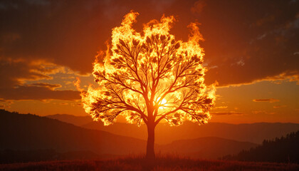 Obraz premium Burning tree at sunset, symbolizing change and transformation