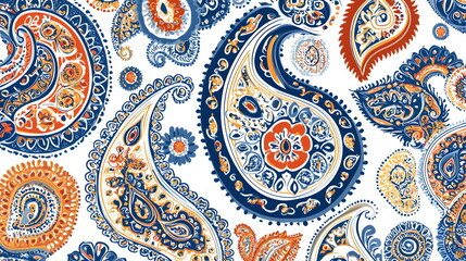Colorful paisley pattern design featuring intricate details in blue, orange, and white colors on fabric background.