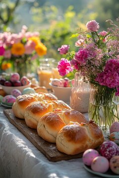 A beautifully set Easter Sunday brunch table outdoors