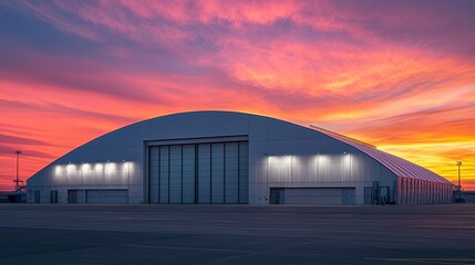 Obraz premium Hangar at Sunset: A modern, expansive aircraft hangar stands silhouetted against a vibrant, fiery sunset. The large hangar doors are closed, creating a sense of mystery and potential.