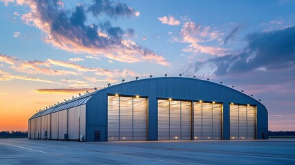 Obraz premium Industrial Hangar at Sunset: A vast, steel hangar with large, hangar doors stands silhouetted against a vibrant sunset sky, evoking a sense of power and purpose.